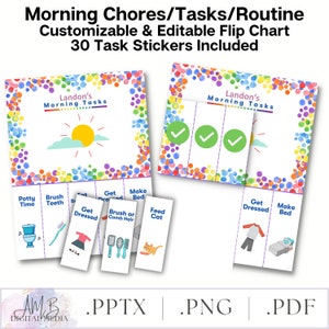 May include: A printable, customizable morning routine chart for children with a colourful polka dot border. The chart includes 30 task stickers with images and text. The chart is titled "Landon's Morning Tasks".