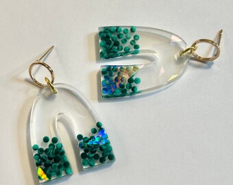 Lil’ spheres! | Holographic arches with tiny green natural malachite spheres and 18k gold geometric posts | funky / unique earrings