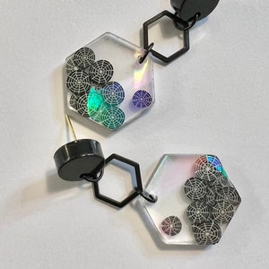 Spider webs! | Holographic Halloween earrings | fall / autumn earrings with black hexagon connectors | festive jewelry | teacher gifts