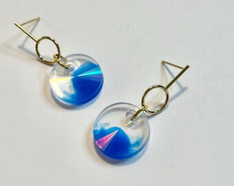 Holographic electric blue dangle earrings with gold plated geometric statement posts | funky earrings