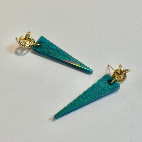 Holographic spike earrings with shimmery iridescent blue-green coloring and gold plated knot shaped posts | lightweight statement jewelry