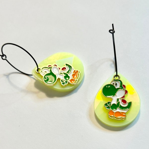 Holographic Yoshi earrings! | Super Mario Bros / Nintendo jewelry | comic con accessories | funky / fun gamer earrings | video game jewelry