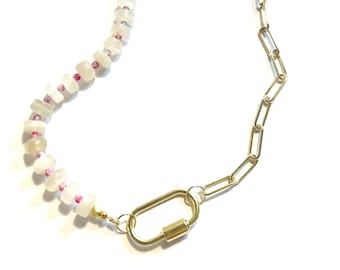 Cotton Candy Necklace | rainbow moonstone beaded necklace | 18k gold paperclip chain | gold carabiner clasp | unique glass spacer beads