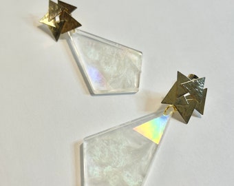 Holographic statement earrings with funky geometric gold-plated posts | iridescent effect | unique jewelry | AB / northern lights effect