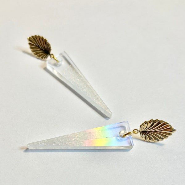 Holographic spike earrings with shimmery iridescent tips and art deco style gold plated posts | lightweight statement jewelry