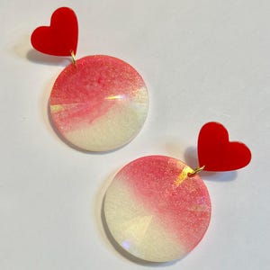 Holographic hot pink circles with vibrant red heart-shaped statement posts | Valentine’s Day earrings