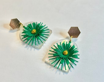 Funky holographic flower earrings! | holographic / iridescent base with ornate green flower charms and gold plated posts