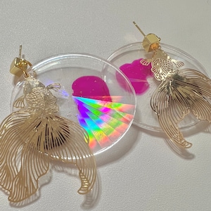 Holographic Circle Earrings with Red/Pink Ink Blots and Beautiful Beta Fish Charms