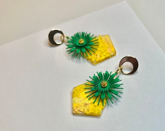 Funky holographic flower earrings! | holographic yellow “confetti” base with ornate green flower charms and gold plated posts