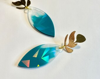 Holographic blue statement earrings | iridescent blue “ink” base w/ holographic effect | gold plated posts | funky / unique jewelry