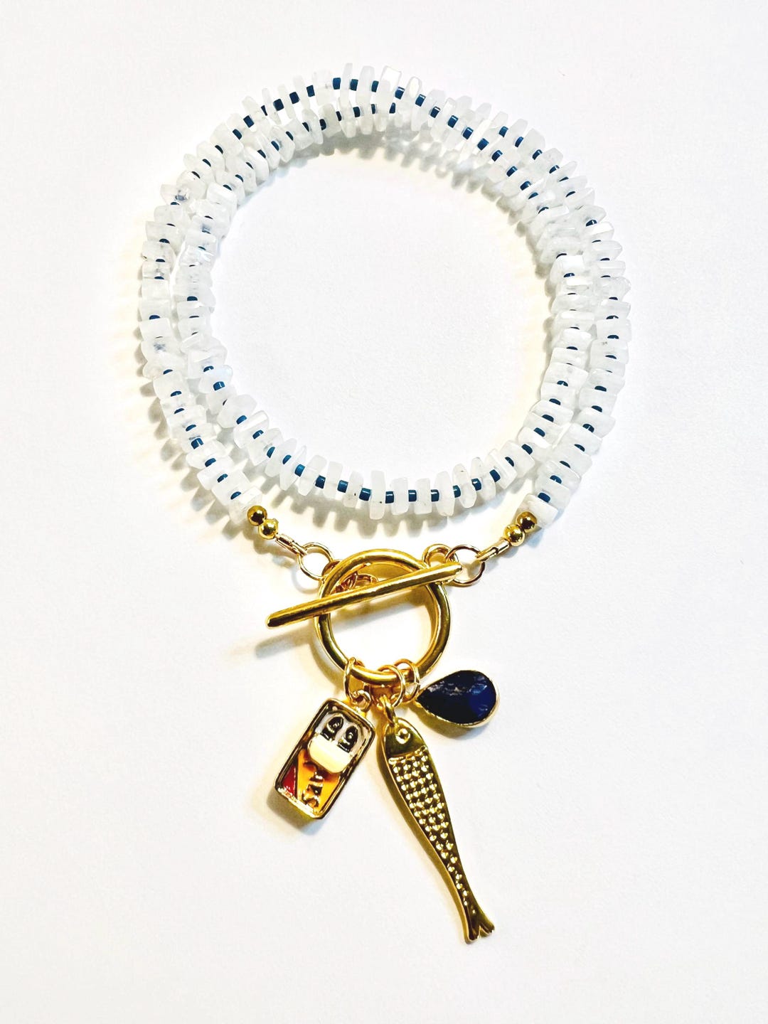 Satoshi Rhinestones Rainbow Moonstone Heishi Necklace | Sardine Tin Charm, Gold Filled - Etsy