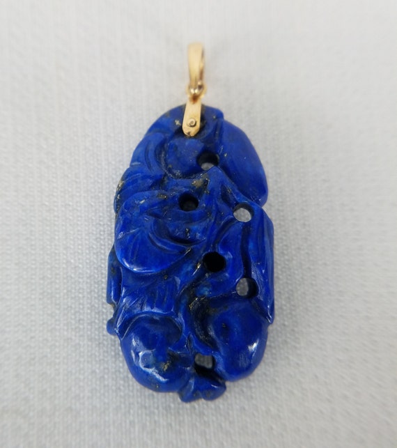 Carved Lapis Lazuli Pendant 14K Gold Bail