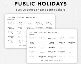 Australian Public Holiday Stickers | Planner Stickers | Bullet Journal Stickers | San Serif or Cursive Script Stickers