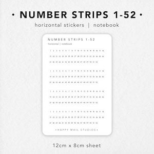 Horizontale cijferstroken 1-52 stickers | Plannerstickers | Bullet Journal-stickers | Hobonichi-stickers | Maandelijkse trackerstickers