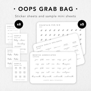 Könnte beinhalten: Ein Set aus acht Stickerbögen und fünf Mini-Stickerbögen mit verschiedenen Designs. Die Stickerbögen beinhalten einen Kalender, Aufgaben, Hausarbeiten und eine Salatschüssel. Die Mini-Stickerbögen beinhalten eine Füllfederhalter-Feder, australische Feiertage und abgekürzte Monate.