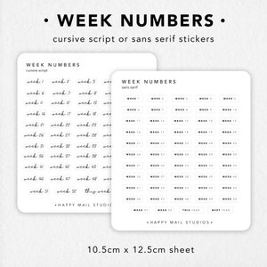 Weeknummers 1-52 stickers | Plannerstickers | Bullet Journal-stickers | Sans Serif-stickers | Minimale stickers