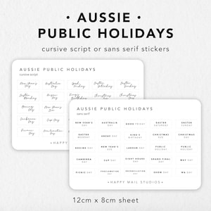 Australian Public Holiday Stickers | Planner Stickers | Bullet Journal Stickers | San Serif or Cursive Script Stickers