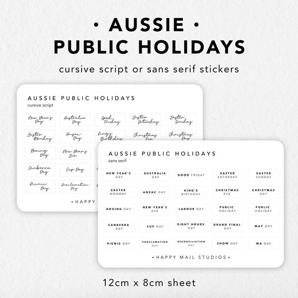 Australian Public Holiday Stickers | Planner Stickers | Bullet Journal Stickers | San Serif or Cursive Script Stickers