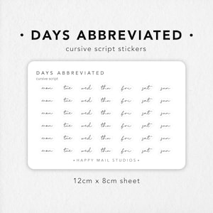 Abbreviated Days of the Week Stickers | Planner Stickers | Bullet Journal Stickers | Script Stickers