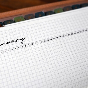 May include: A planner page with the month "january" written in cursive. A line of numbers from 1 to 31 is below the word. The page has a grid pattern and is open to display the month's calendar.