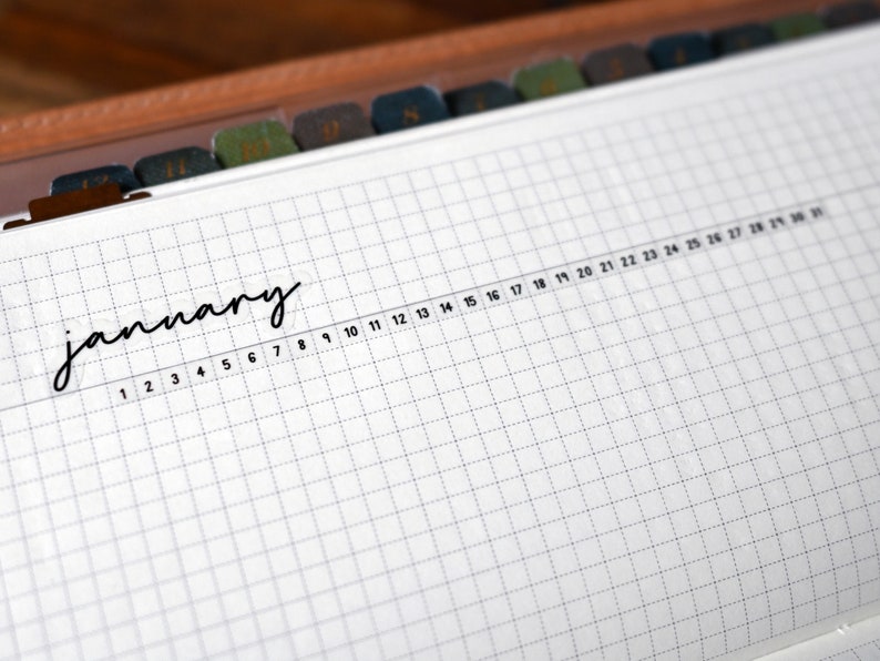 May include: A planner page with the month "january" written in cursive. A line of numbers from 1 to 31 is below the word. The page has a grid pattern and is open to display the month's calendar.