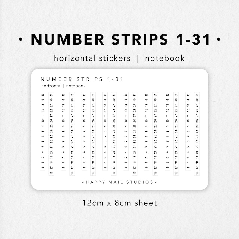 Horizontal Number Strip stickers (1 to 31) for your planner or journal. Great for bullet journals and tracking. Available in Washi or Premium Transparent sticker paper.