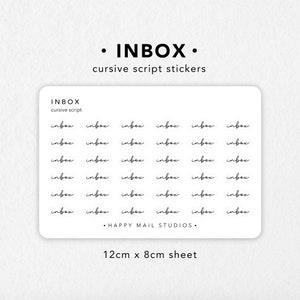 May include: A sheet of 24 cursive script "inbox" stickers on a white background. The sheet measures 12 cm by 8 cm. The text "HAPPY MAIL STUDIOS" is printed at the bottom of the sheet.