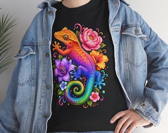 Regenbogen Crested Gecko Blumen T-Shirt | Eidechse mit Blumen Tee