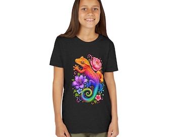 Rainbow Crested Gecko with Flowers Youth Tee | Colorful Lizard Floral Design