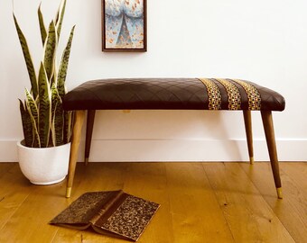 Vintage Mid Century Bench|Upholstered with New Textured High End Vinyl|Vintage Mid Century Trim Detailing|Tapered Legs with Scallop Detail