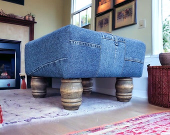 Upholstered Eco Friendly Ottoman|Recycled Denim|Custom Made|Western|Country