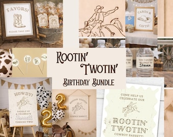 May include: A collection of cowboy-themed birthday party decorations. Includes signs, balloons, and favor tags with cowboy and western graphics. The text "Rootin' Tootin' Birthday Bundle" is prominently displayed.
