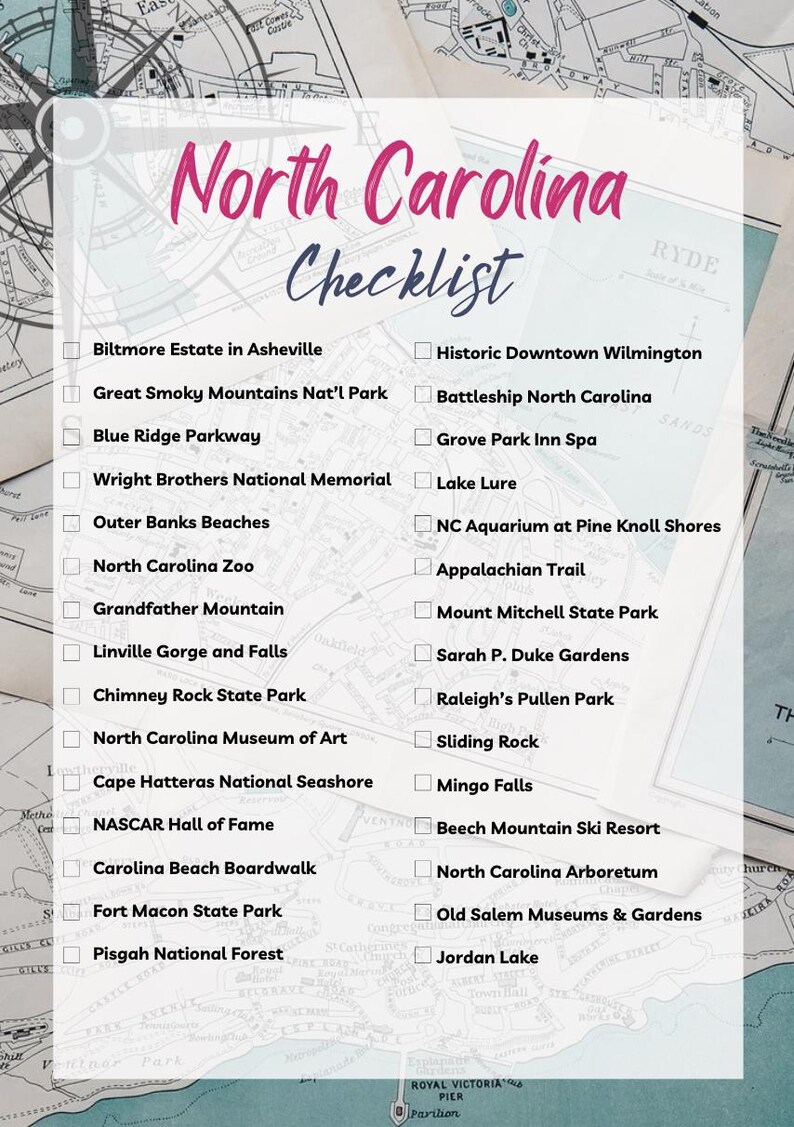 North Carolina Printable Checklist Bucket List (premium: Choose From 6 ...