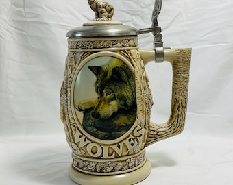 Vintage 1997 Avon Hommage an den nordamerikanischen Wolf Bierkrug von Ceramarte in Brasilien. #23099