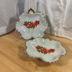 Vintage Navidad Brinn&#39;s Porcelana Candy Dishes Iridiscentes Poinsettias adornos dorados