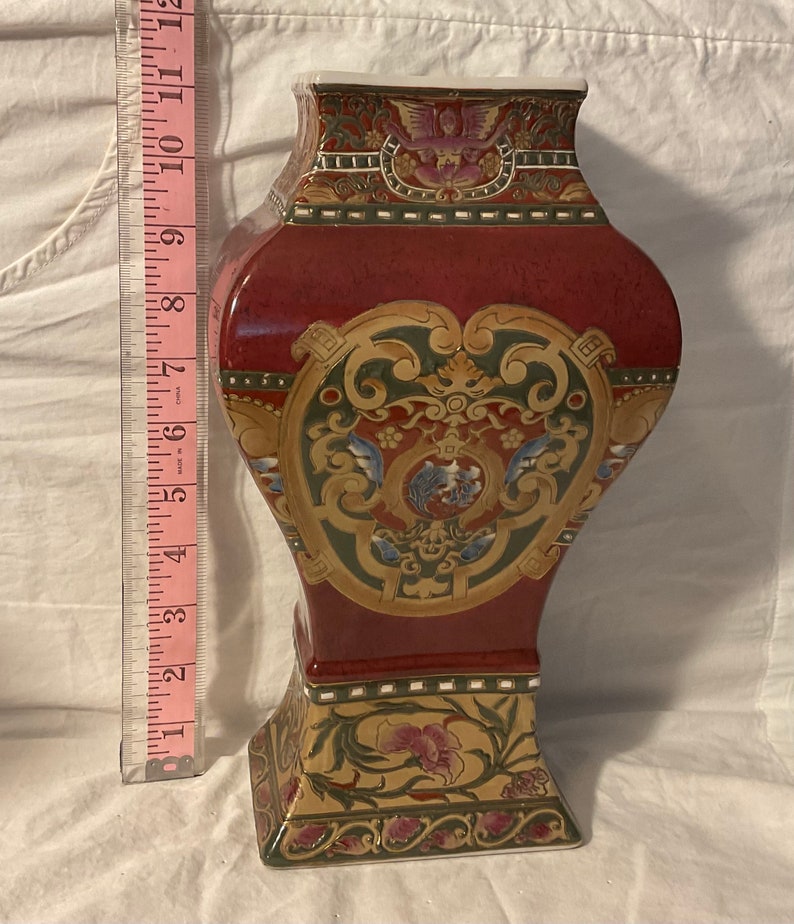 Vintage Deep Red Textured Oriental Accent Vase 11 Tall Etsy