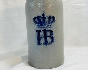 Vintage Hofbrauhaus Munchen 1-Liter Grey & Blue Stoneware Beer Stein Mug. Made in Germany.