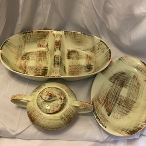 Vintage Authentic Under Glaze Hand Painted RAFFIA Vernonware Divided Dish, Sugar Bowl, & Oval 9.5” Dish Made in California, USA