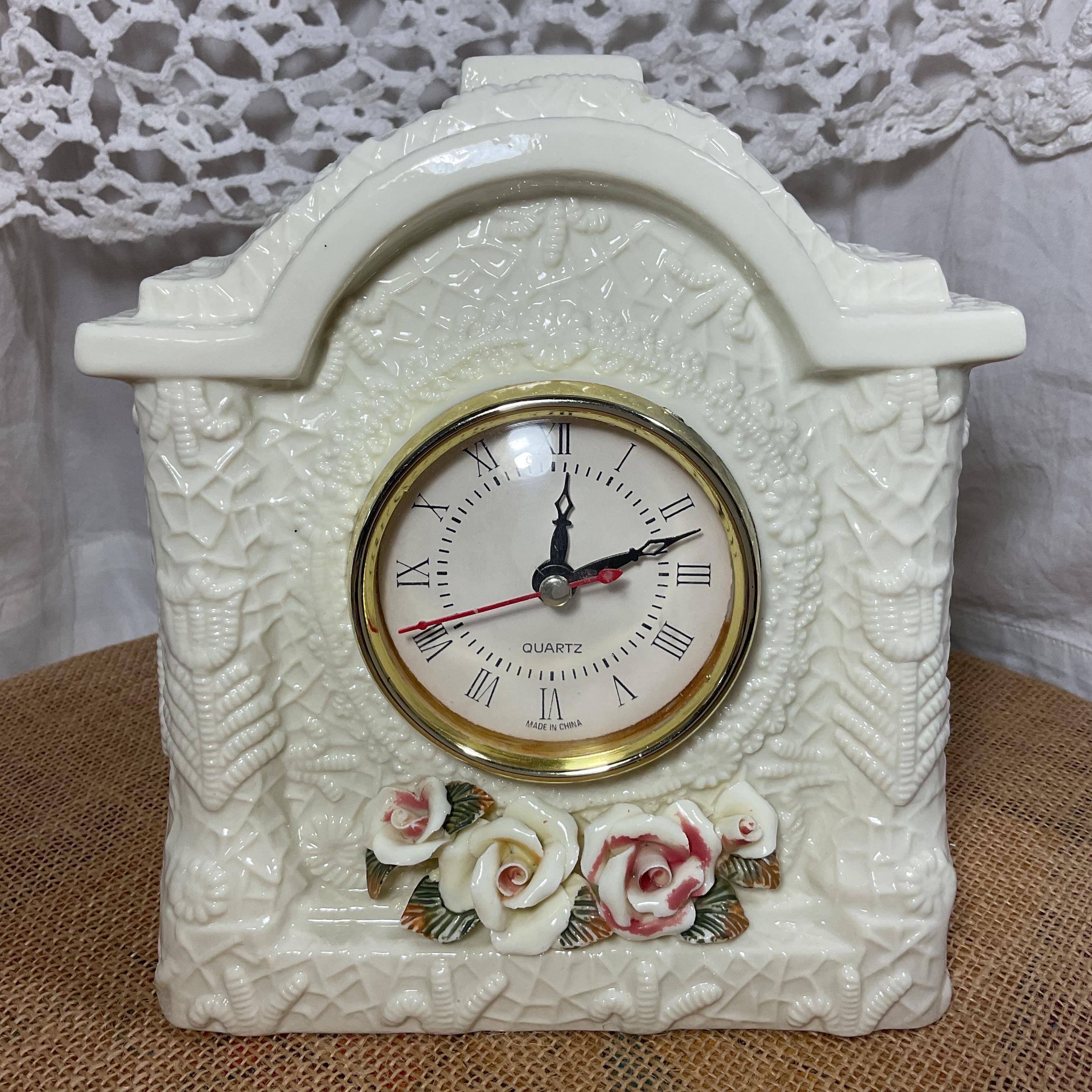 Vintage Porcelain Floral Rose Quartz Fireplace Mantle Desk Clock