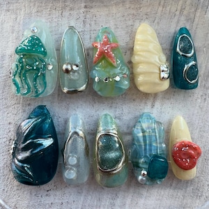 Under the Sea Press On Nails | Gold Silver Chrome, Ocean nails, seashells, jellyfish, seaweed 3D Nail Art | Water Effects | Handmade Nails