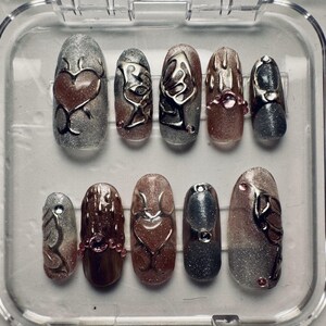 Metallic Bliss | Silver Chrome Press Ons | 3d Nail Art | Butterfly, Heart| Cat Eye | Handmade Luxury False Nail Set