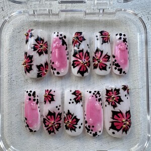 Pink Tropics Press On Nails | Exotic flowers Hawaiian Nail Art | Colorful holiday Floral nails Summer vibes | Handmade Custom Nails