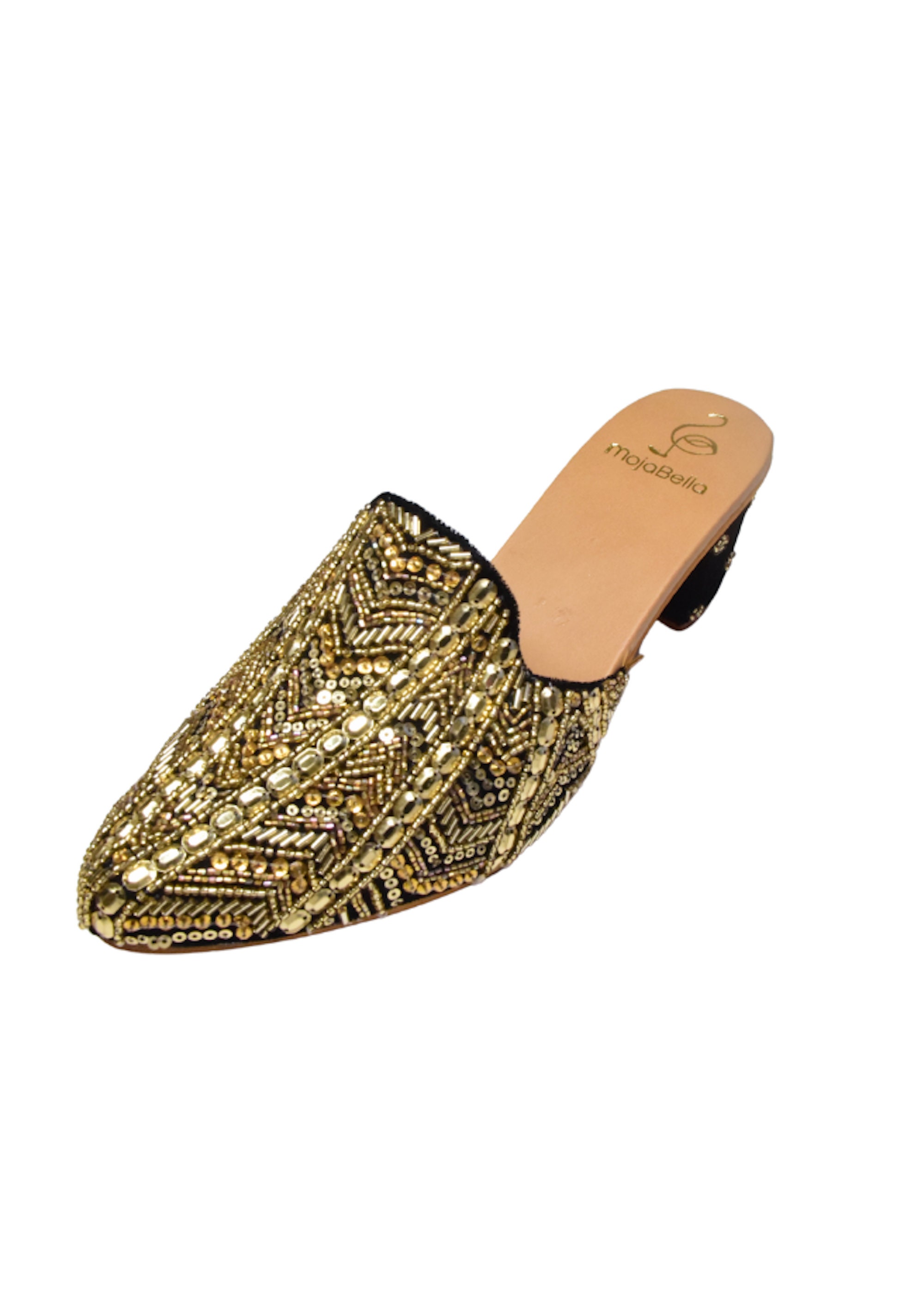 MULES SLIPPERS BLACK COWHIDE WITH GOLD COIN