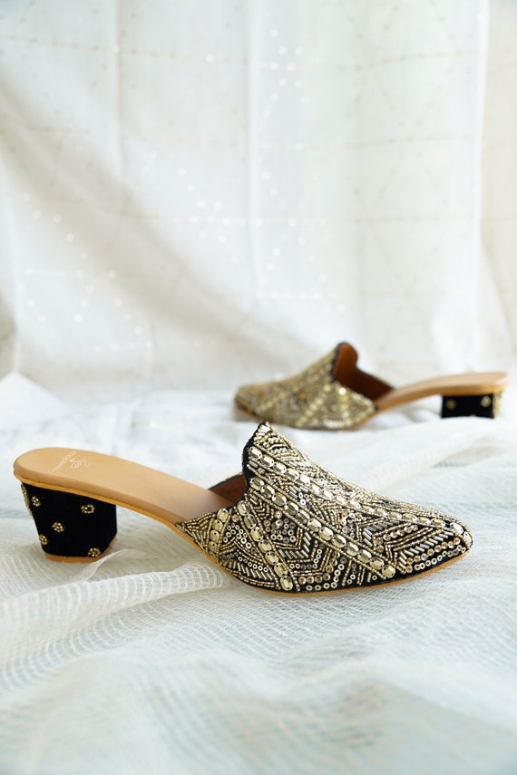 Gold mules block heel hot sale