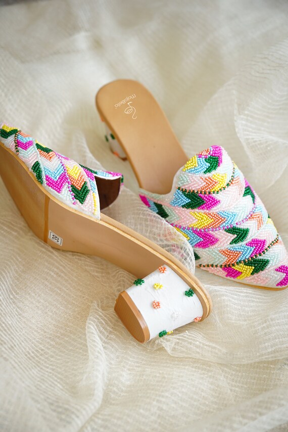 Blush Block Heels with 3D Flowers for Garden Weddings