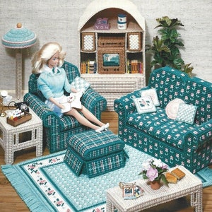 Wzór broszury na salon z płótna z tworzywa sztucznego w stylu vintage || Vintage z lat 90. || Meble do domku dla lalek || Ulotka ze wzorem na miniaturę DIY