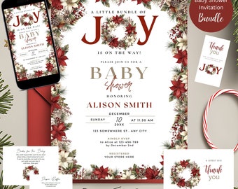 Christmas Baby Shower invitation Bundle, Bundle of Joy baby shower editable invitation, holiday baby shower invite, Canva Template