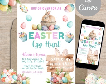 Invitación editable para la búsqueda de huevos de Pascua: Brunch de conejo, para teléfono o imprimir (descarga digital)