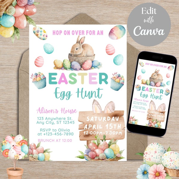 Editable Easter Egg Hunt Electronic Invitation Template, Easter Egg Hunt Phone Invitation, Easter brunch printable invite, Instant download