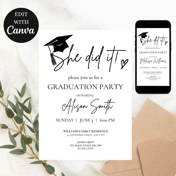 Minimalist Graduation Announcement: Editable Party Invitation Canva Template (Digital Download)